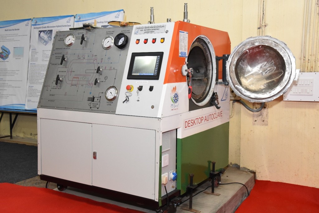 Autoclaves for curing of composites Specifications:   1.   450mm dia, 500mm length, 200 Deg C, 7 bar – Desk top Autoclave  2.   900mm dia X900mm length    - 10 bar, 250 Deg C  -    Divine Autoclave     Desk top Autoclave: ( 0.4mX 0.5m)  For processing of  small sized composites  like MAV air frames and         laminates for Research work in Composites  Operating Temperature  and Pressure  : 200 Deg C, 7 bar 400mm dia x 500mm Length Fail safe and easy to operate Quick lock hinged door & integrated lock ring Touch screen based PLC with Auto & manual modes. Compact table mounted  32A, 230V Single phase power supply Air less, solenoid operated control valves Fits in a space of 1.5m cube.